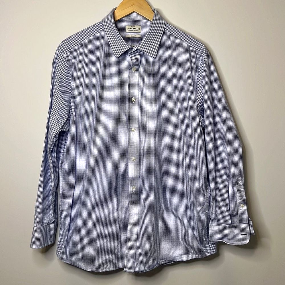Lucky Brand Mens Long Sleeve Button Up Slim Fit Dress Shirt Large Blue Plaid